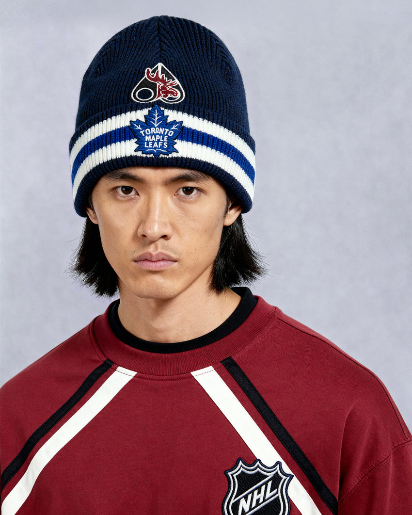 NHL X MOOSE KNUCKLES MAPLE LEAFS BEANIE-NAVY/MAPLE LEAF BLUE/BONE