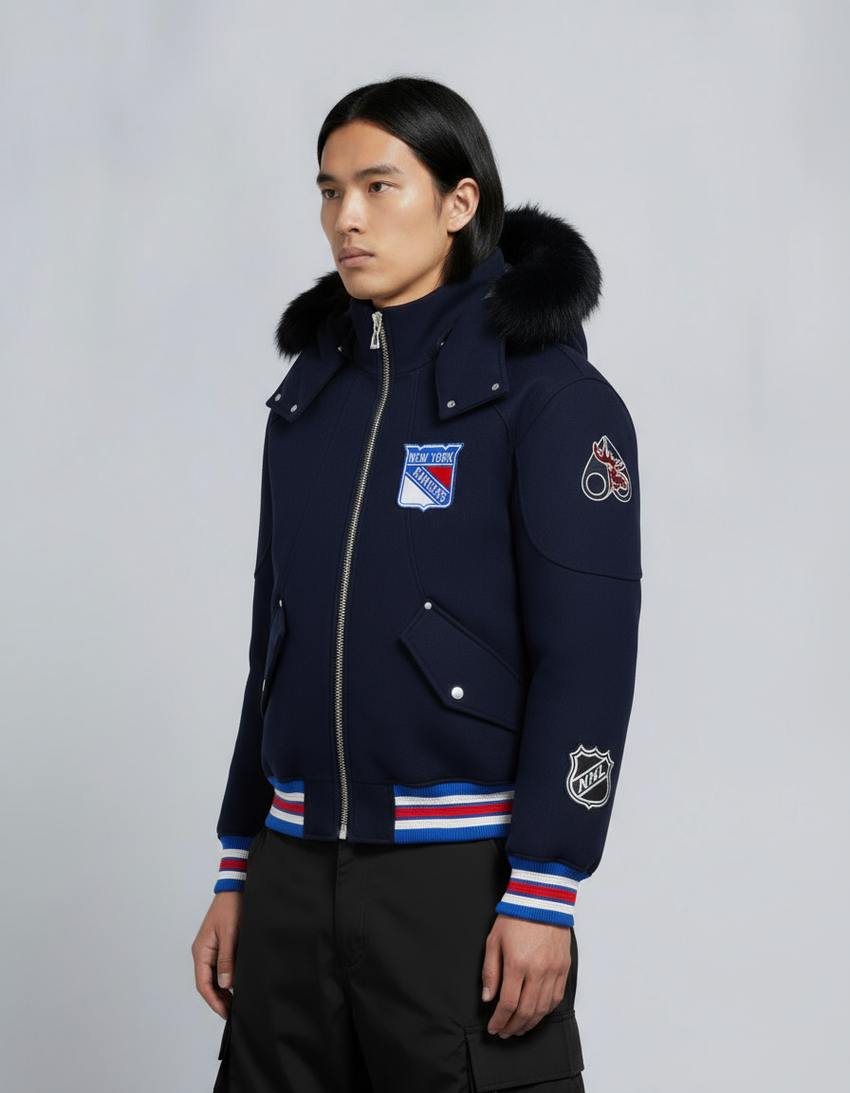 NHL X MOOSE KNUCKLES RANGERS BOMBER JACKET-NAVY/RED/BONE/BLACK