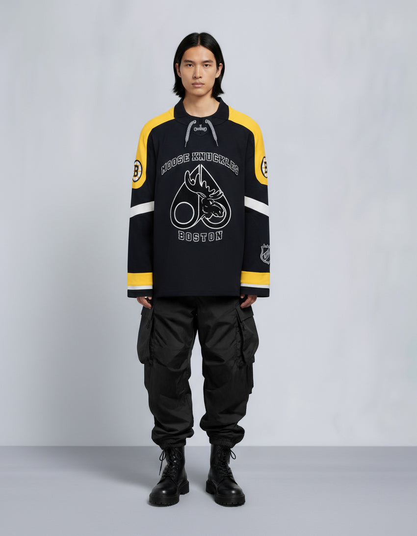 NHL X MOOSE KNUCKLES BRUINS POLO-BLACK/YELLOW/BONE