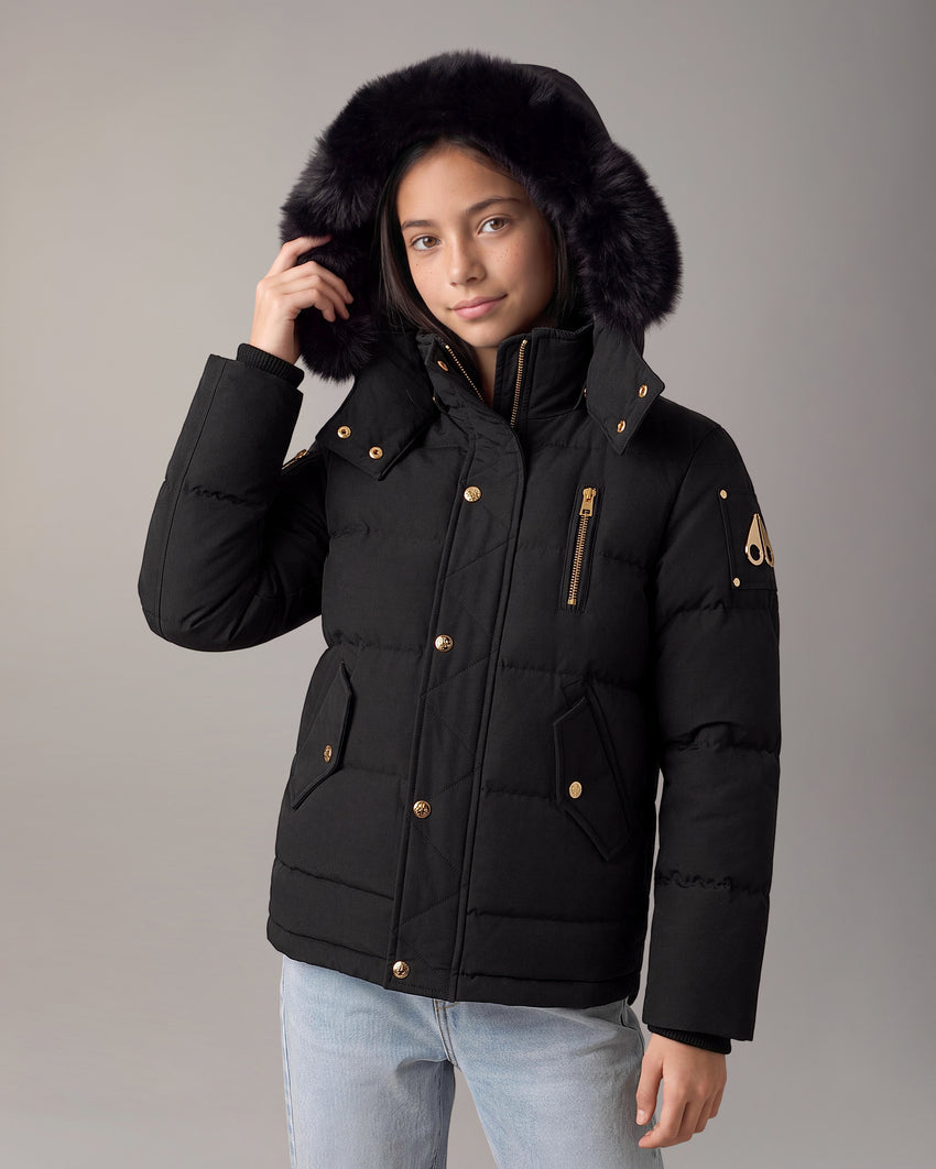 KIDS  UNISEX ORIGINAL GOLD SERIES SHEARLING TRIM 3Q JACKET-BLACK/BLACK