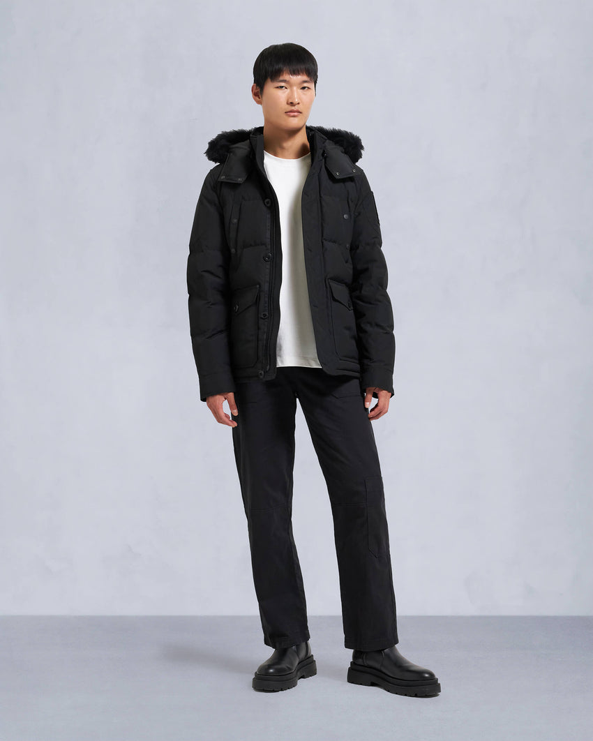 ONYX ROUND ISLAND SHEARLING TRIM JACKET-BLACK/ICE