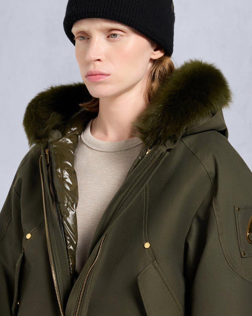 GOLD SERIES LOGAN SHEARLING TRIM BOMBER JACKET-DARK OLIVE/MOSS