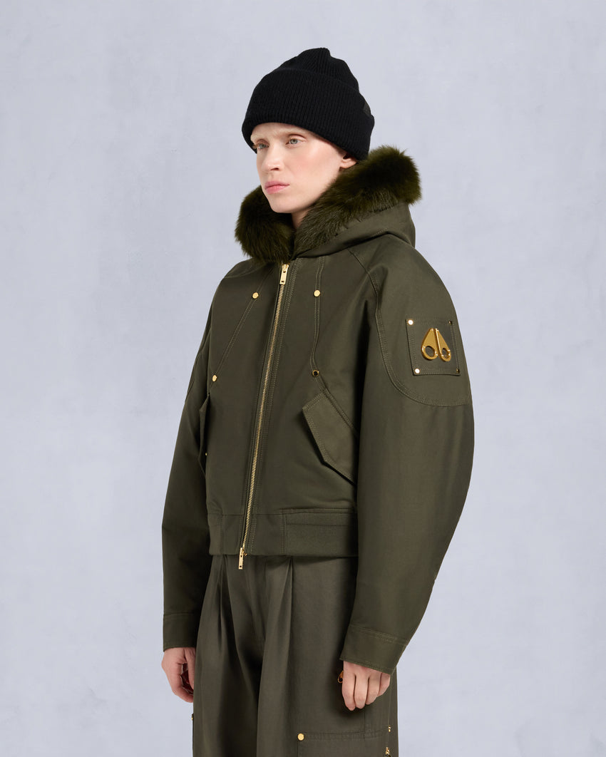 GOLD SERIES LOGAN SHEARLING TRIM BOMBER JACKET-DARK OLIVE/MOSS