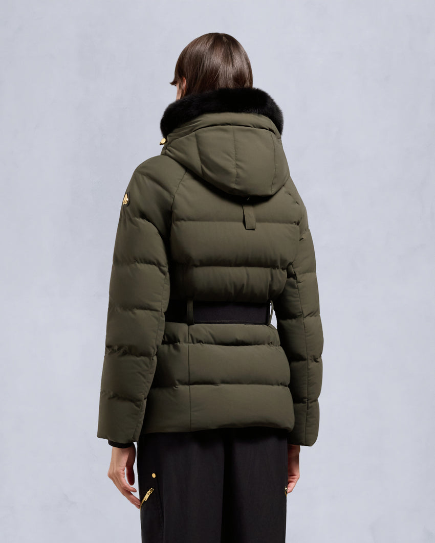 GOLD SERIES NYLUXE CAMBRIA SHEARLING TRIM JACKET-DARK OLIVE/BLACK