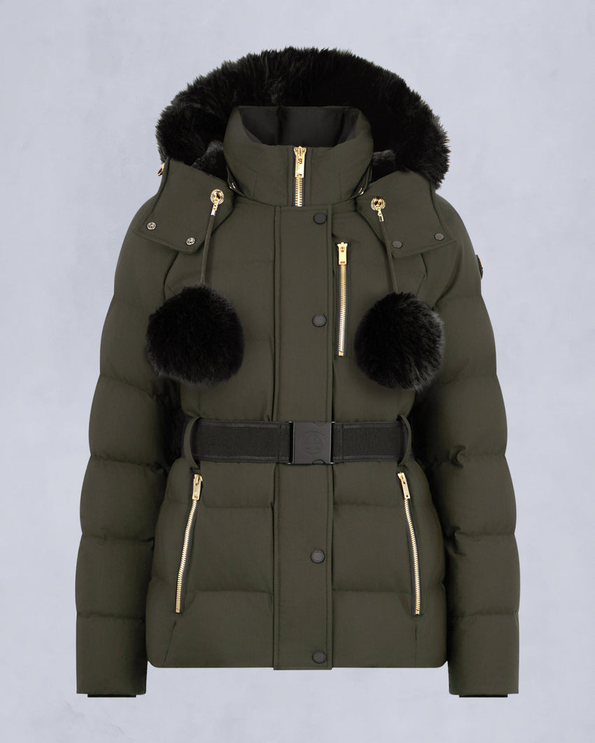 GOLD SERIES NYLUXE CAMBRIA SHEARLING TRIM JACKET-DARK OLIVE/BLACK