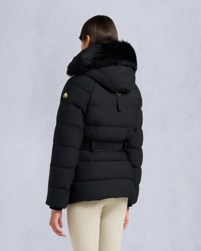 GOLD SERIES NYLUXE CAMBRIA SHEARLING TRIM JACKET-DARK OLIVE/BLACK