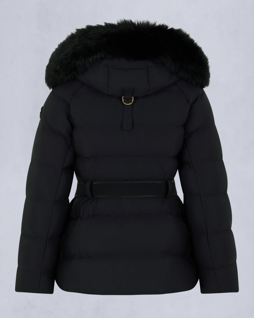 GOLD SERIES NYLUXE CAMBRIA SHEARLING TRIM JACKET-DARK OLIVE/BLACK