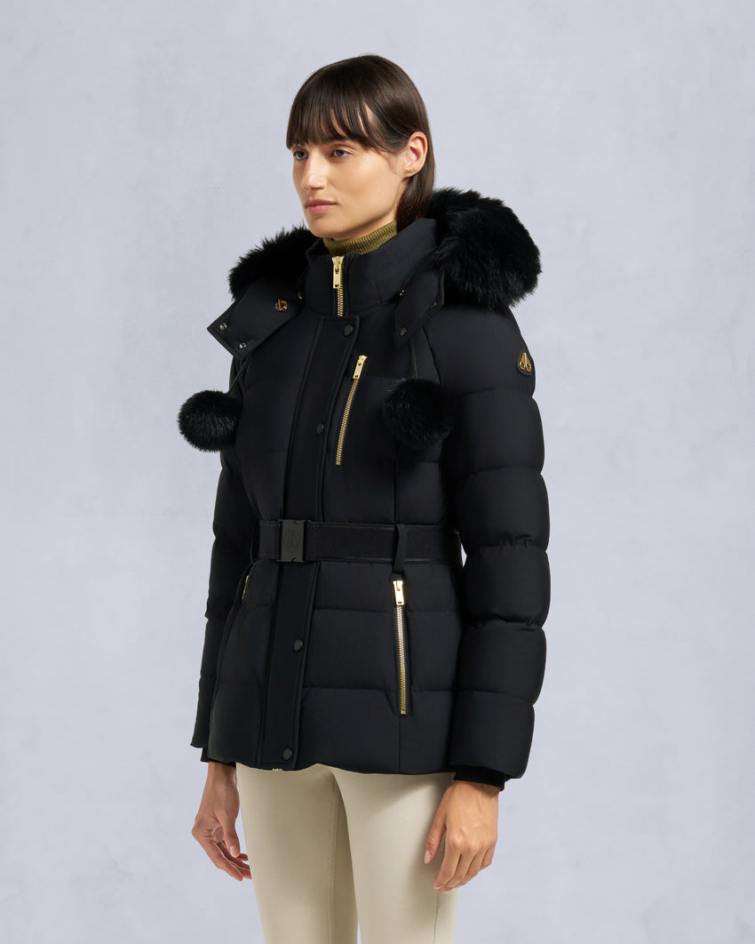 GOLD SERIES NYLUXE CAMBRIA SHEARLING TRIM JACKET-DARK OLIVE/BLACK