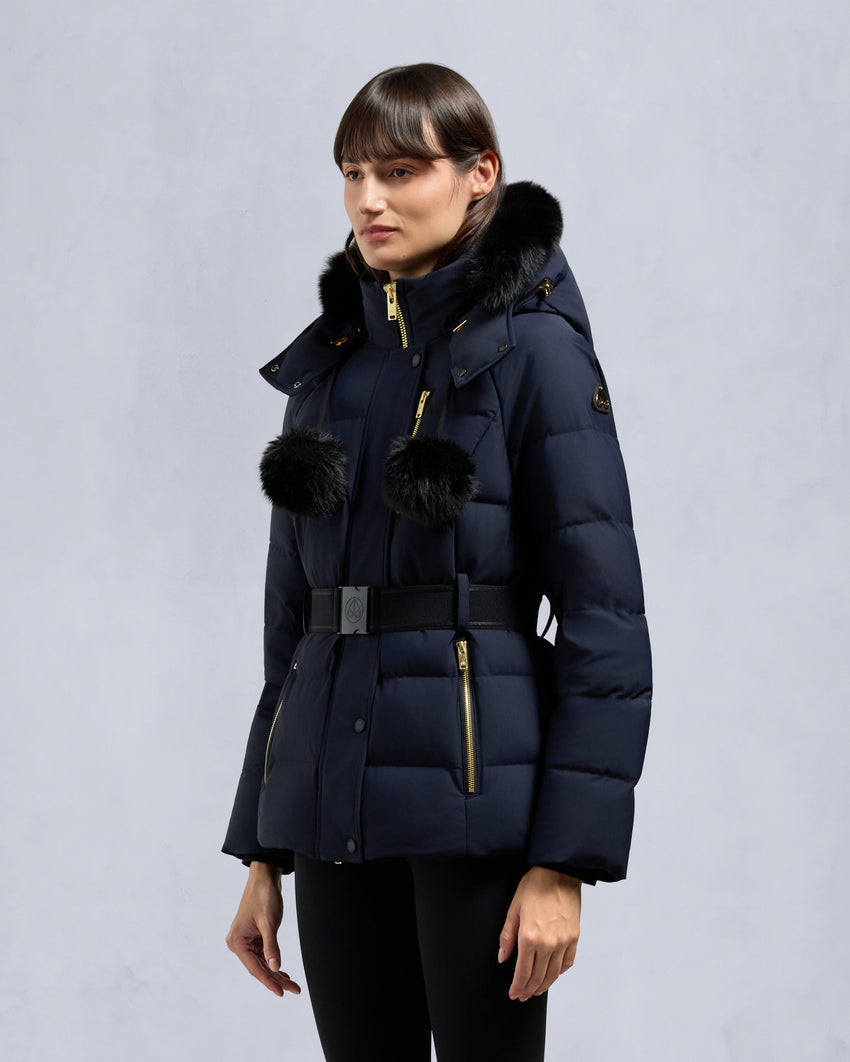 GOLD SERIES NYLUXE CAMBRIA SHEARLING TRIM JACKET-DARK OLIVE/BLACK