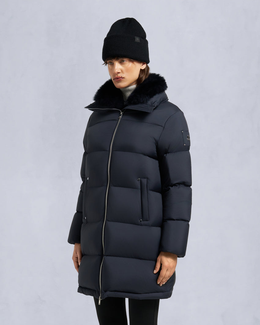 BELLE DUNE LONG SHEARLING TRIM PUFFER-NAVY
